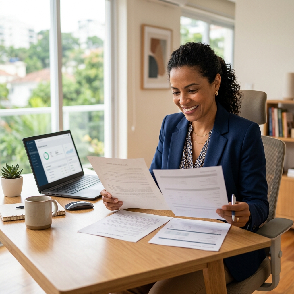 Empresária comparando documentos e decidindo migrar de contabilidade